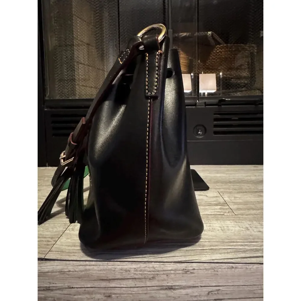 Dooney and Bourke smooth drawstring black green leather Serena Bucket bag purse